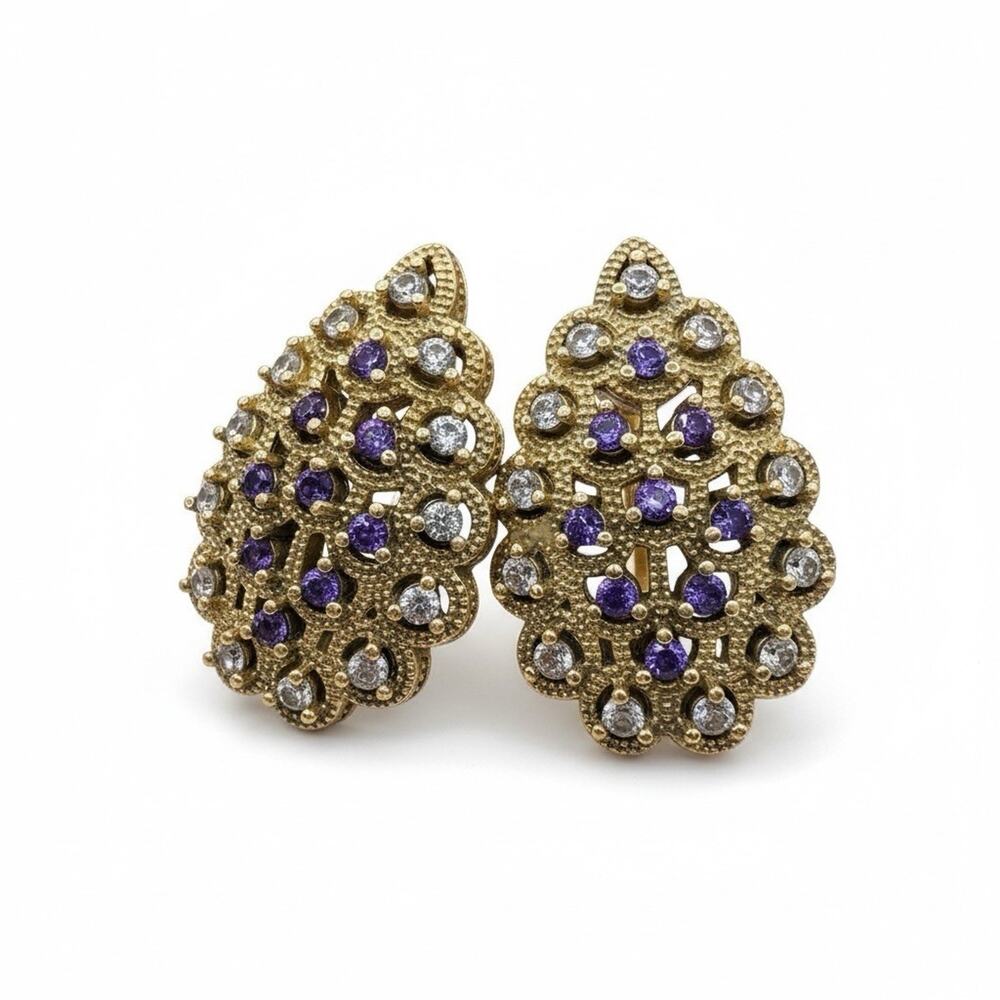 925 Sterling Silver Purple Amethyst &topaz Earrings 18K Gold Plated Pierced